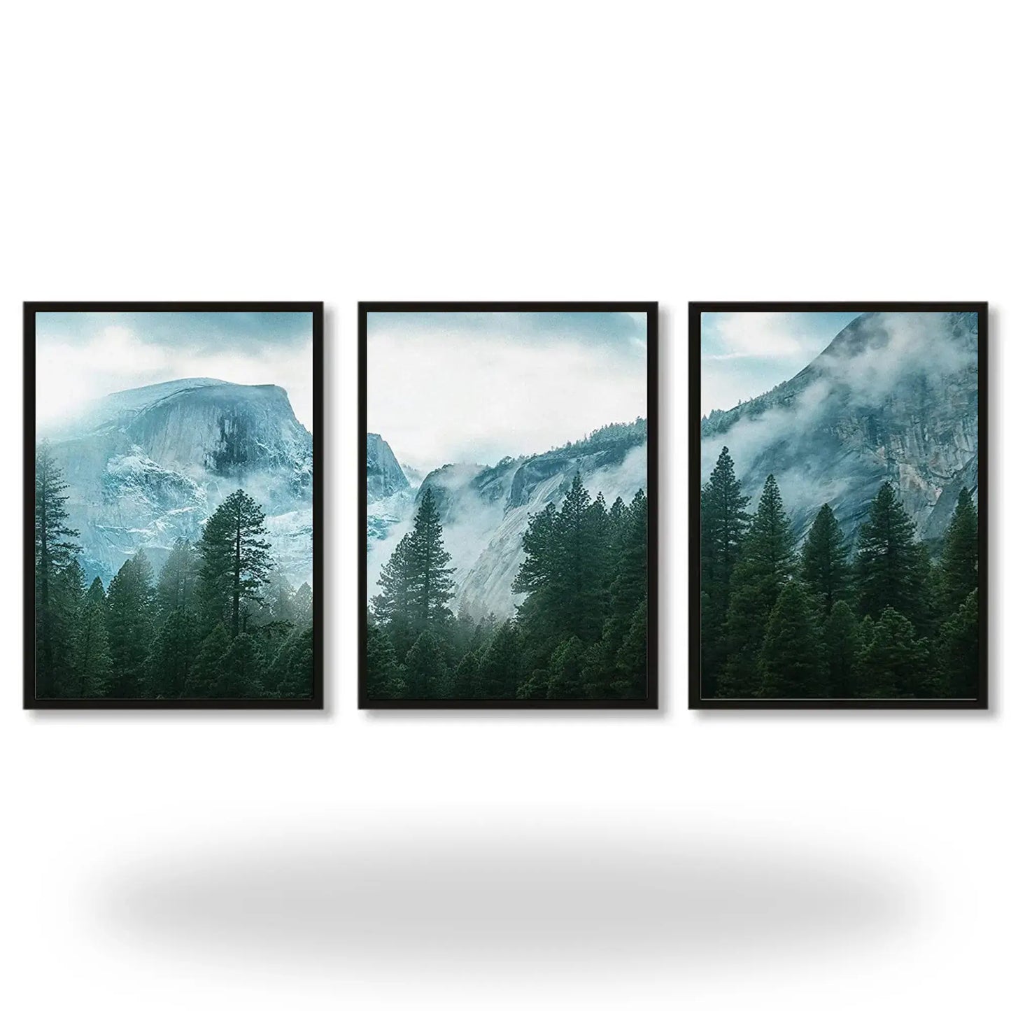 Three framed pictures of mountain landscapes with trees on a white background