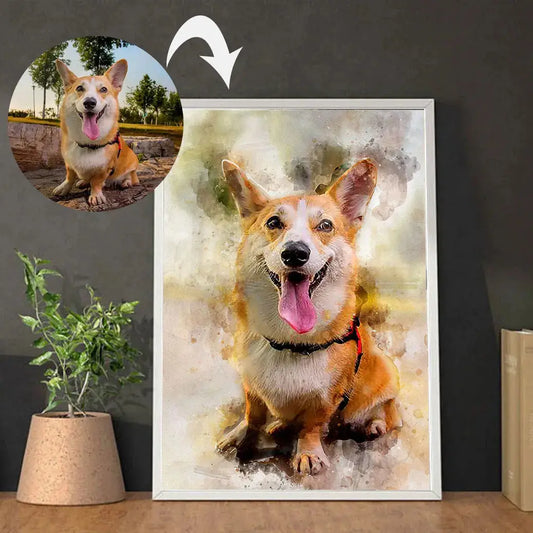 Custom watercolor pet portrait on canvas featuring a brown dog with a soft artistic background — personalized pet photo to art gift for pet lovers.