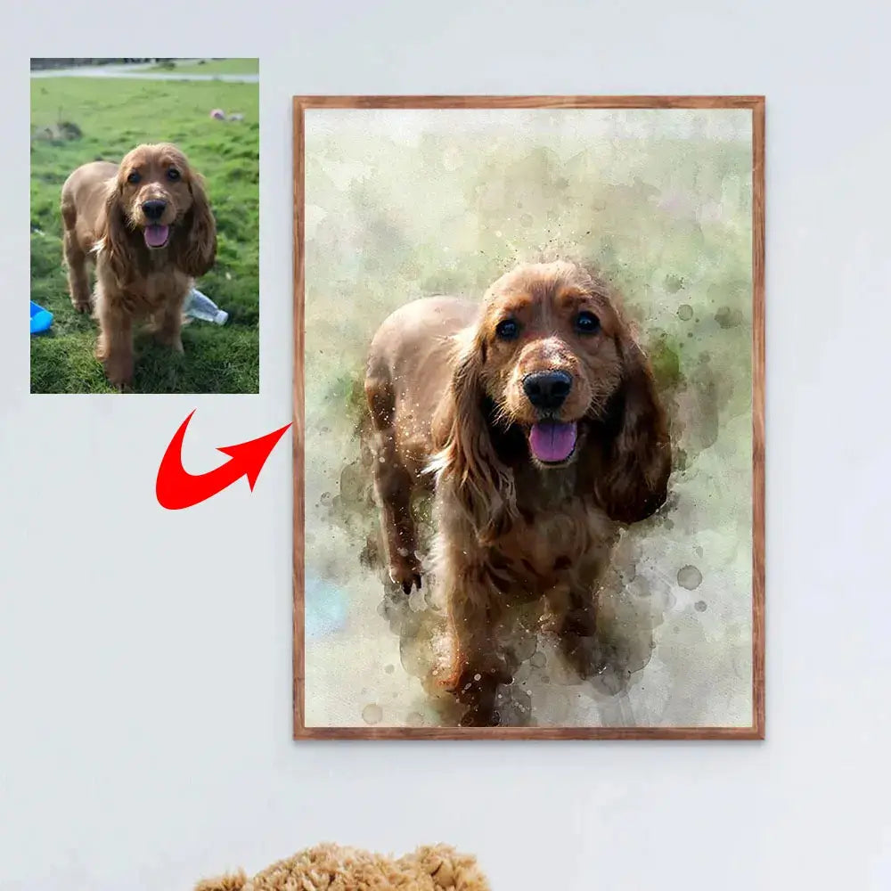 Custom watercolor pet portrait on canvas featuring a brown dog with a soft artistic background — personalized pet photo to art gift for pet lovers.