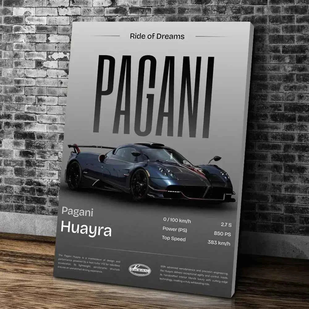Luxury supercar wall art collection featuring Ferrari, Lamborghini, McLaren, Dodge, Audi, Supra, Pagani, and GTR posters — sleek modern canvas decor for car lovers.