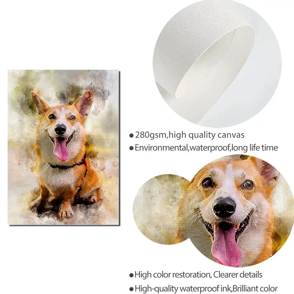 Custom watercolor pet portrait on canvas featuring a brown dog with a soft artistic background — personalized pet photo to art gift for pet lovers.