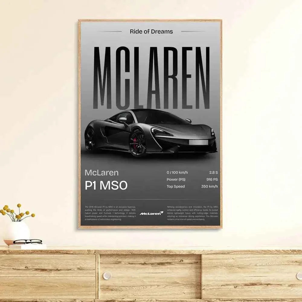 Luxury supercar wall art collection featuring Ferrari, Lamborghini, McLaren, Dodge, Audi, Supra, Pagani, and GTR posters — sleek modern canvas decor for car lovers.