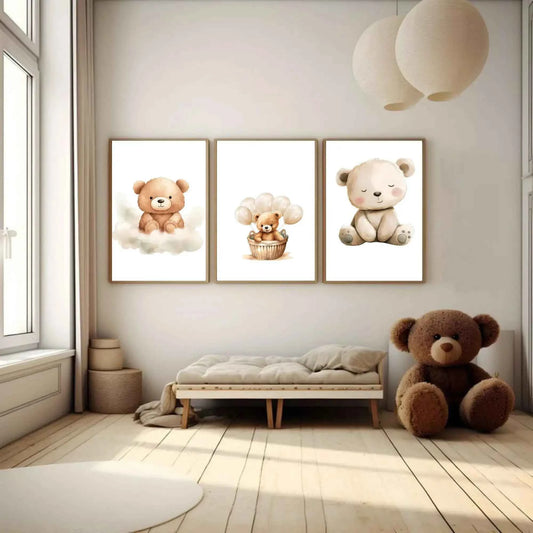 Set of 3 Baby Nursery Wall Art Prints – Cute Teddy Bear Posters for Kids Room, Neutral Gender Baby Shower Gift, Modern Nursery Decor