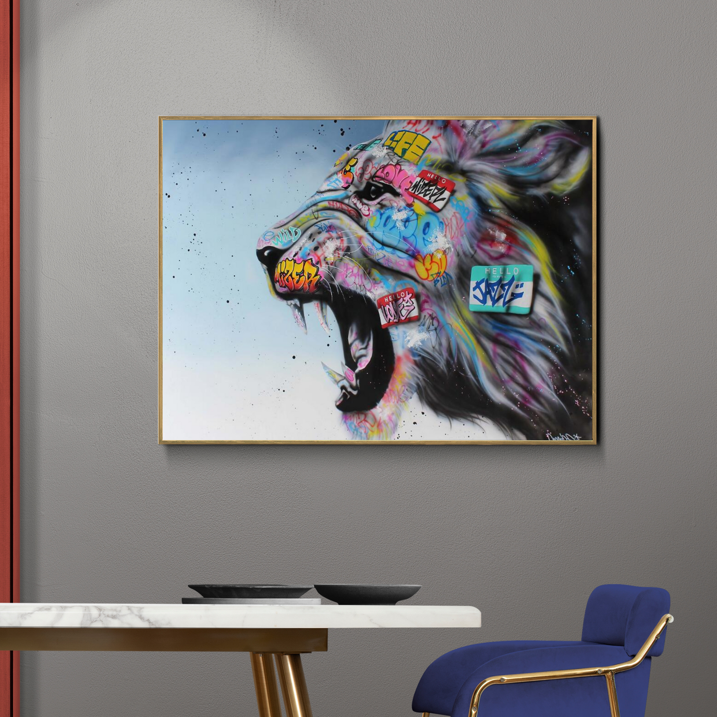 Graffiti Lion Canvas Art: Abstract Roaring Animal Print for Wall Decor