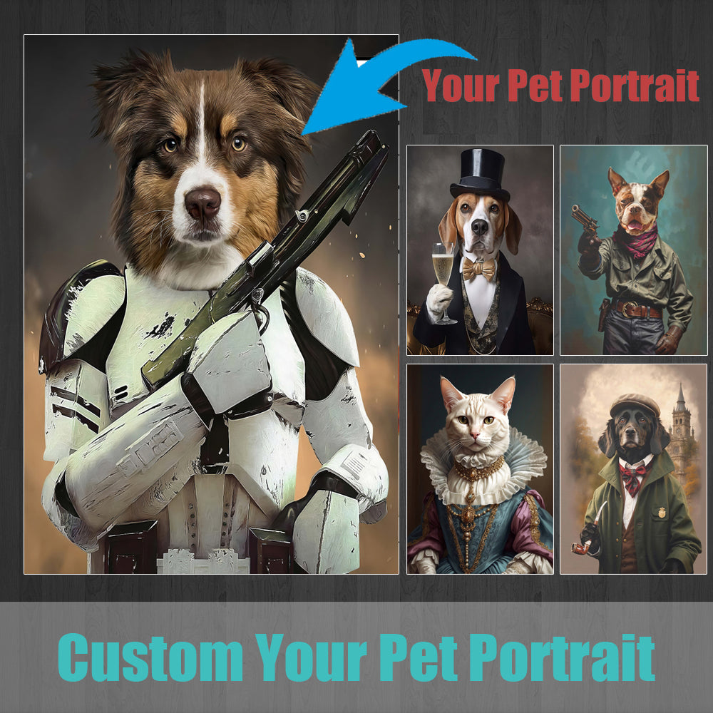 Custom Pet Portrait: Dog dressed as a Stormtrooper holding a blaster.