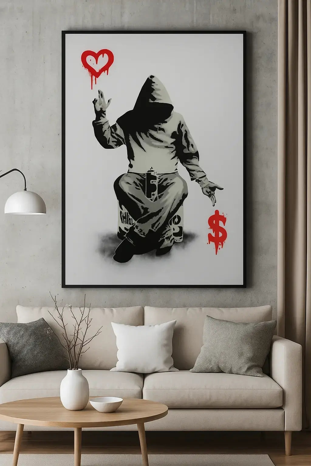 Framed artwork of a hooded figure with a heart and dollar sign on a wall above a sofa.