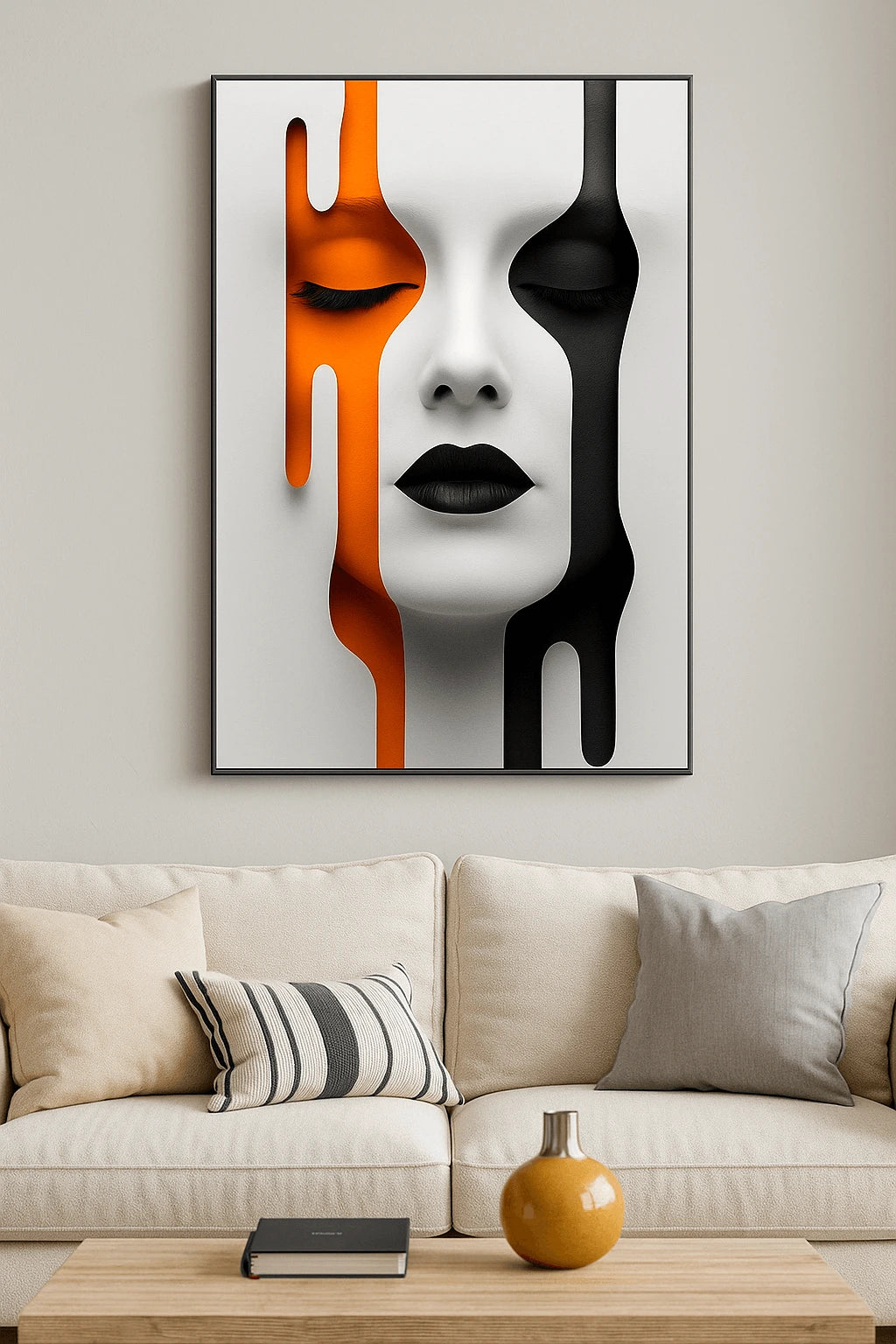 Abstract art piece on a wall above a sofa in a living room