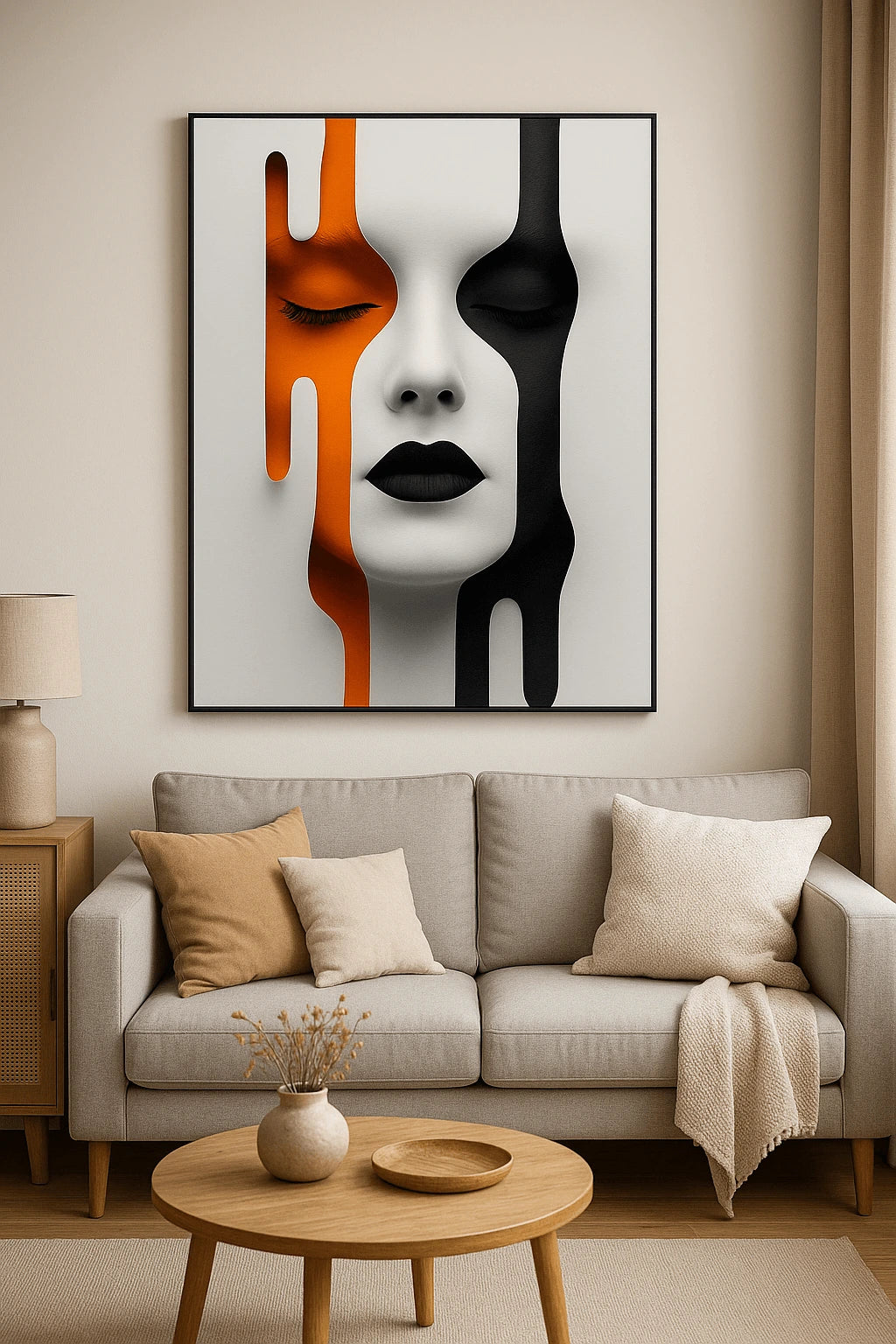 Modern living room with a gray sofa, wooden coffee table, and abstract art on the wall.