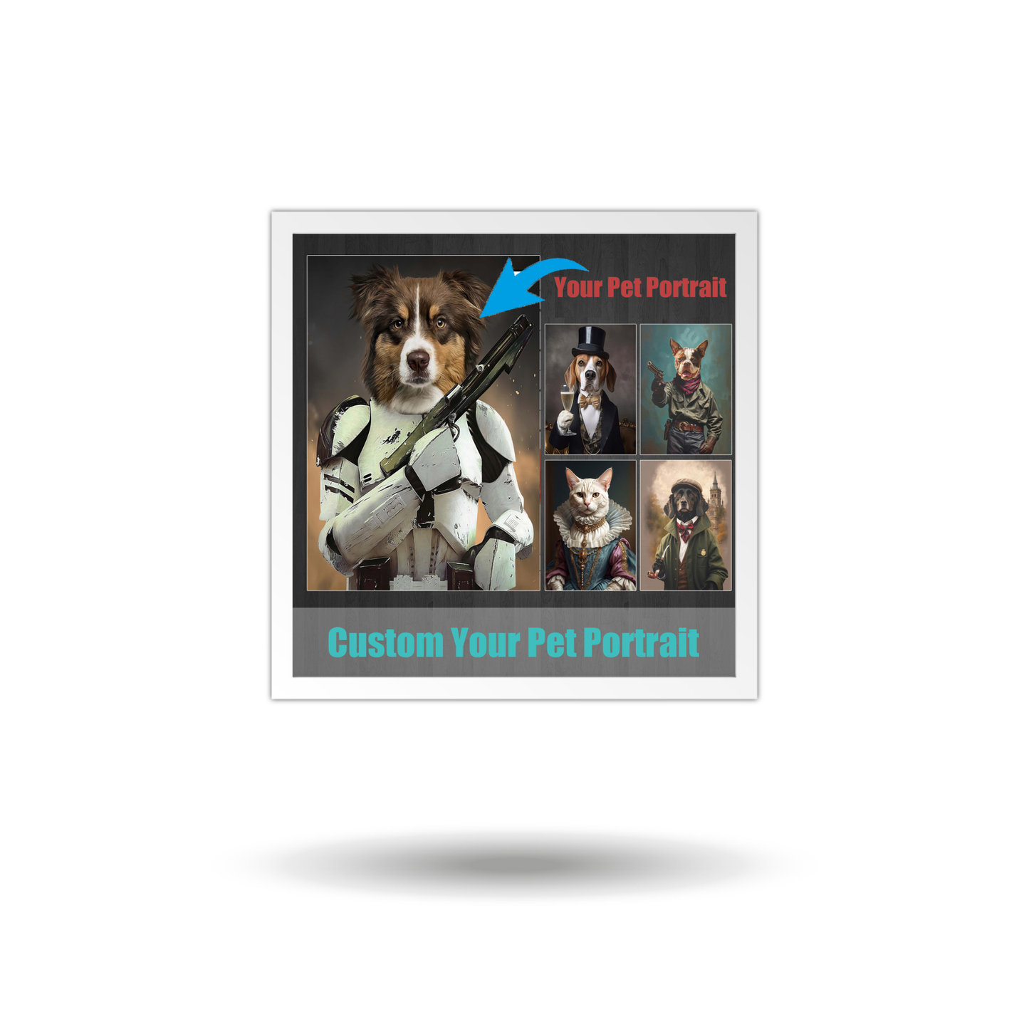 Custom Pet Portrait: Dog dressed as a Stormtrooper holding a blaster.