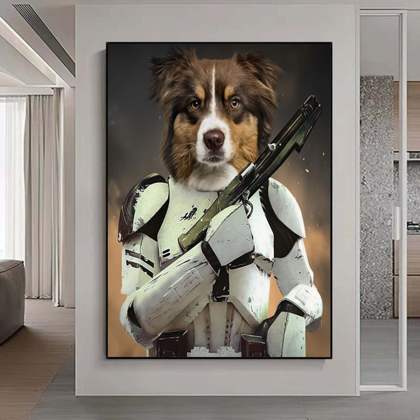 Custom Pet Portrait: Dog dressed as a Stormtrooper holding a blaster.