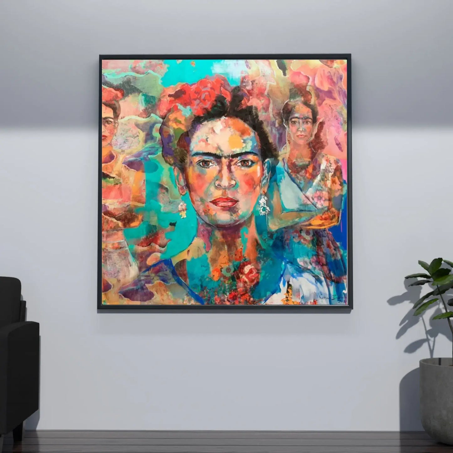 Colorful painting of a woman with multiple faces in a modern living room.