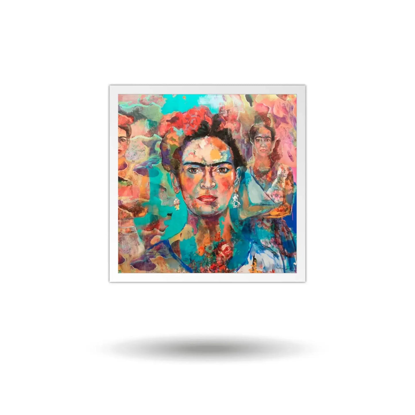 Framed artwork of a colorful portrait with floral elements on a white background