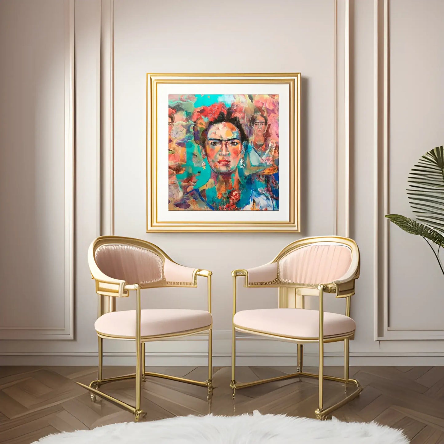 Two gold chairs with pink cushions in a room with a colorful painting on the wall.