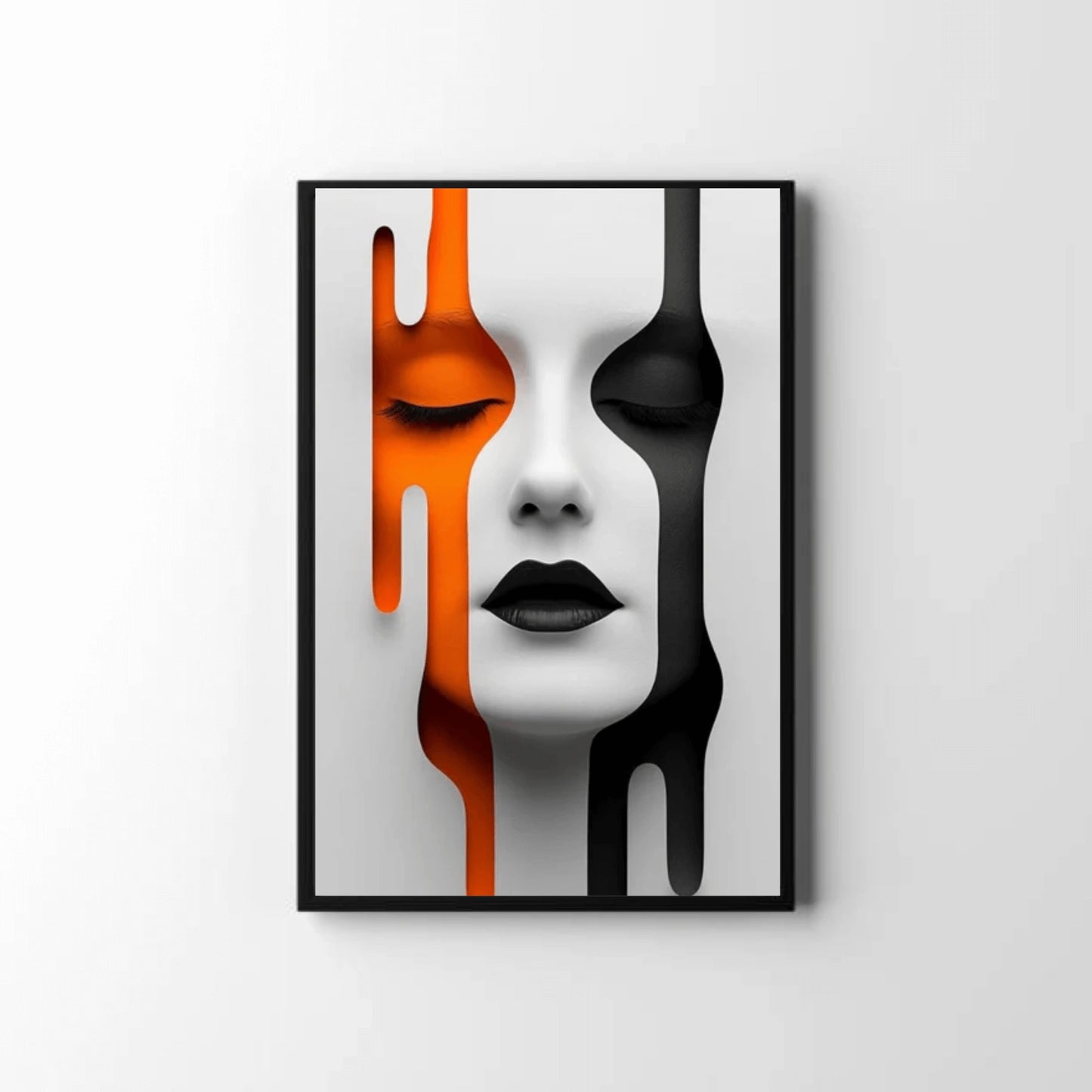 Abstract art print of a face with black, orange, and white colors on a gray background