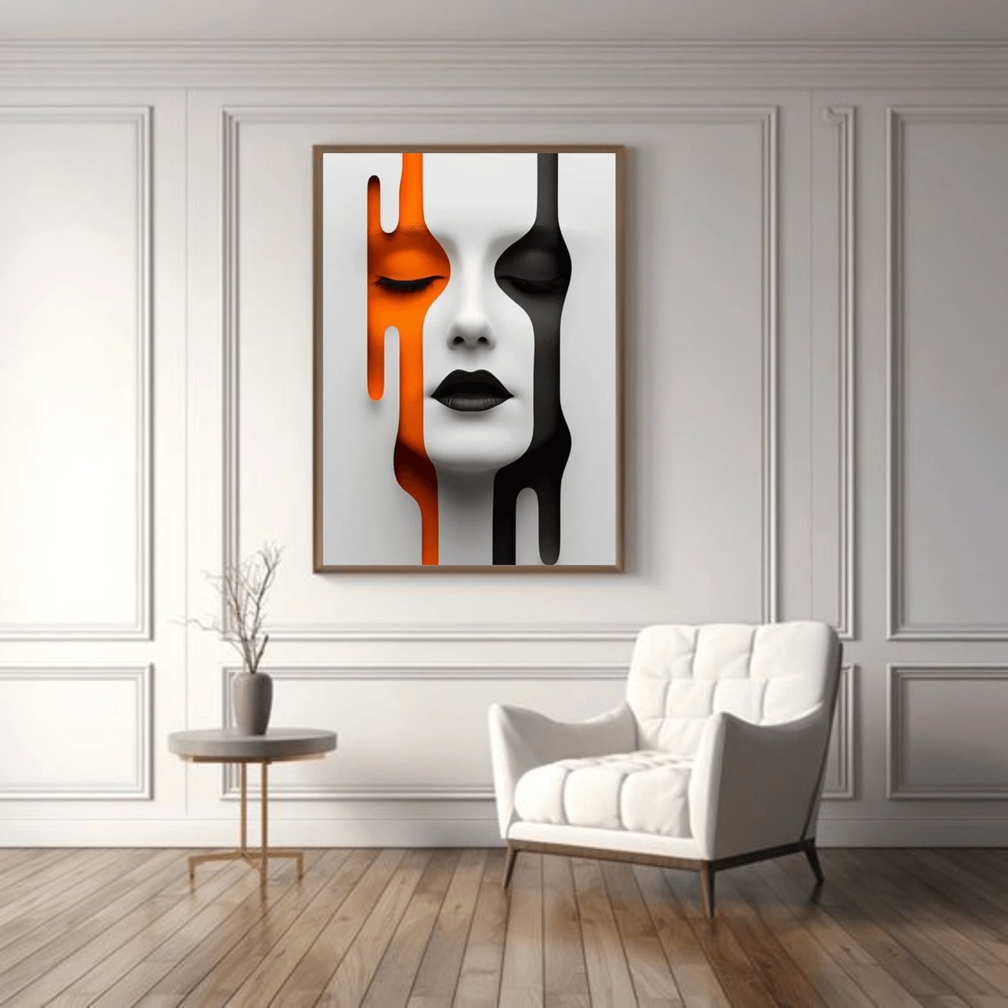Modern interior with abstract art on the wall and a white armchair.