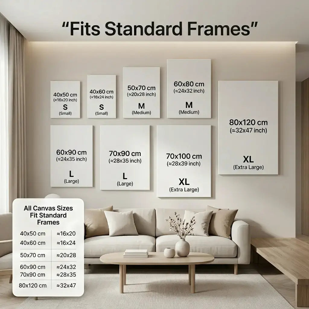 wall art canvas prints in various sizes displayed above a modern sofa, fits standard frames