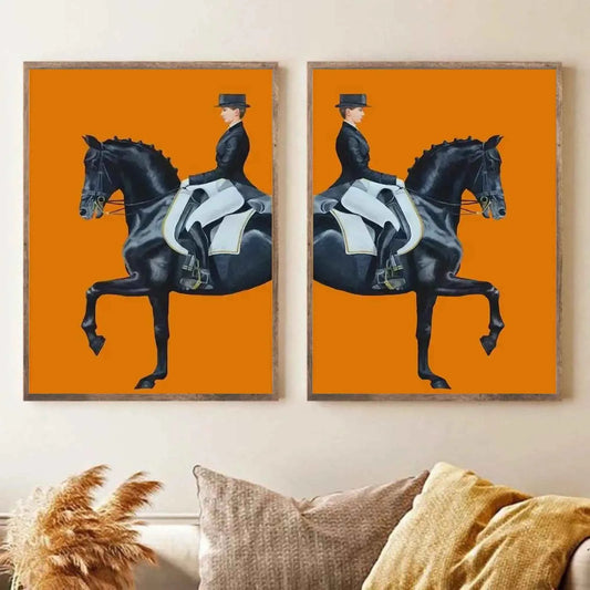 Elegant equestrian wall art of black horse and rider in dressage on bold orange background – modern canvas print for home or office decor