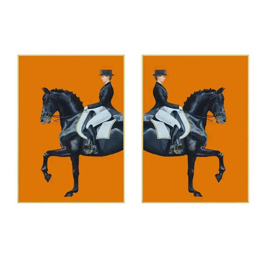 Elegant equestrian wall art of black horse and rider in dressage on bold orange background – modern canvas print for home or office decor