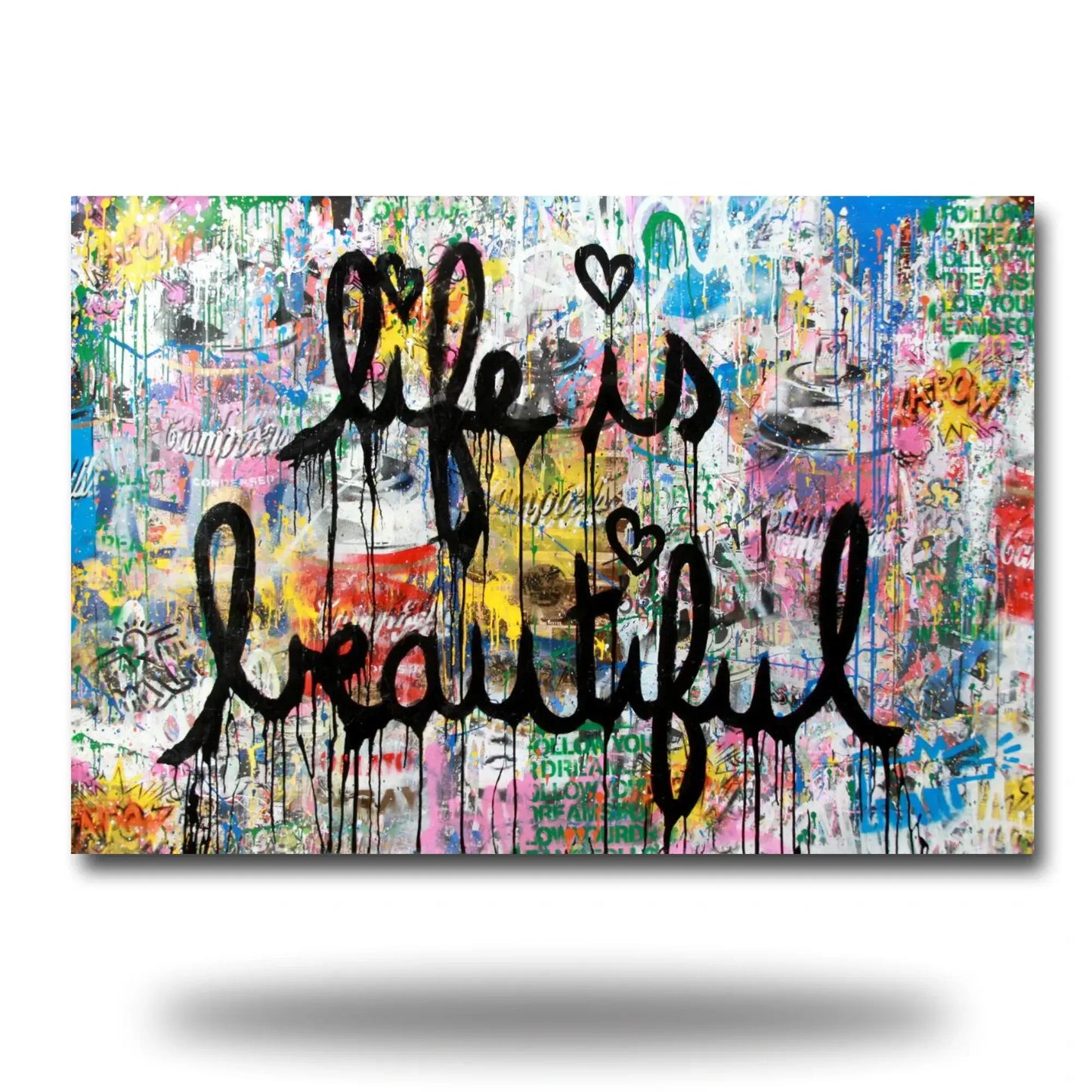 Colorful artwork with 'life is beautiful' text on a white background