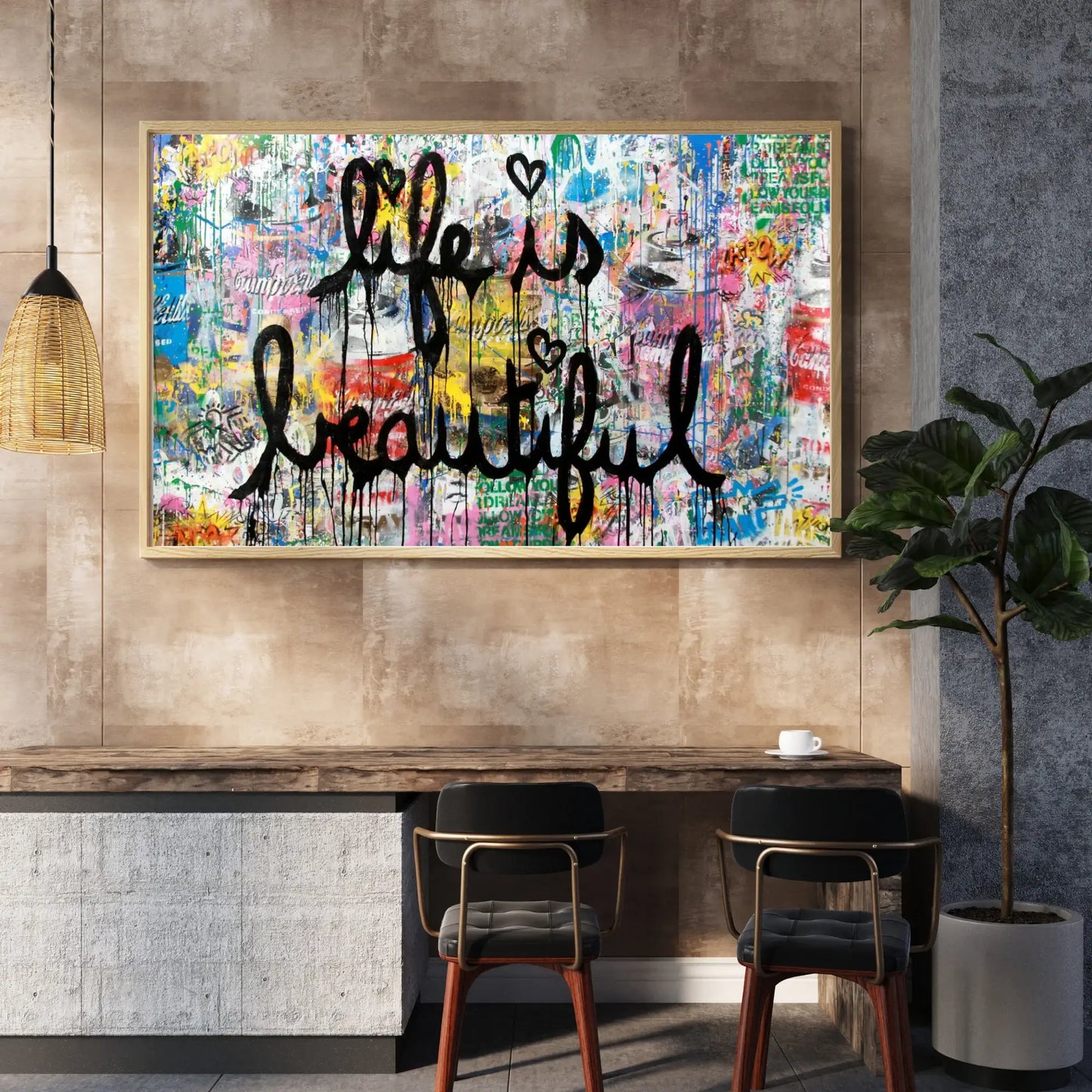 Colorful abstract painting with 'Life is Beautiful' text in a modern interior setting.