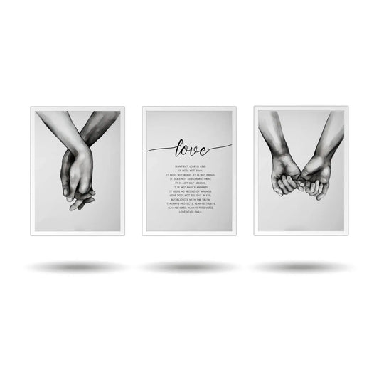 Three framed prints showing hands holding, a central 'love' text print, on a white background.