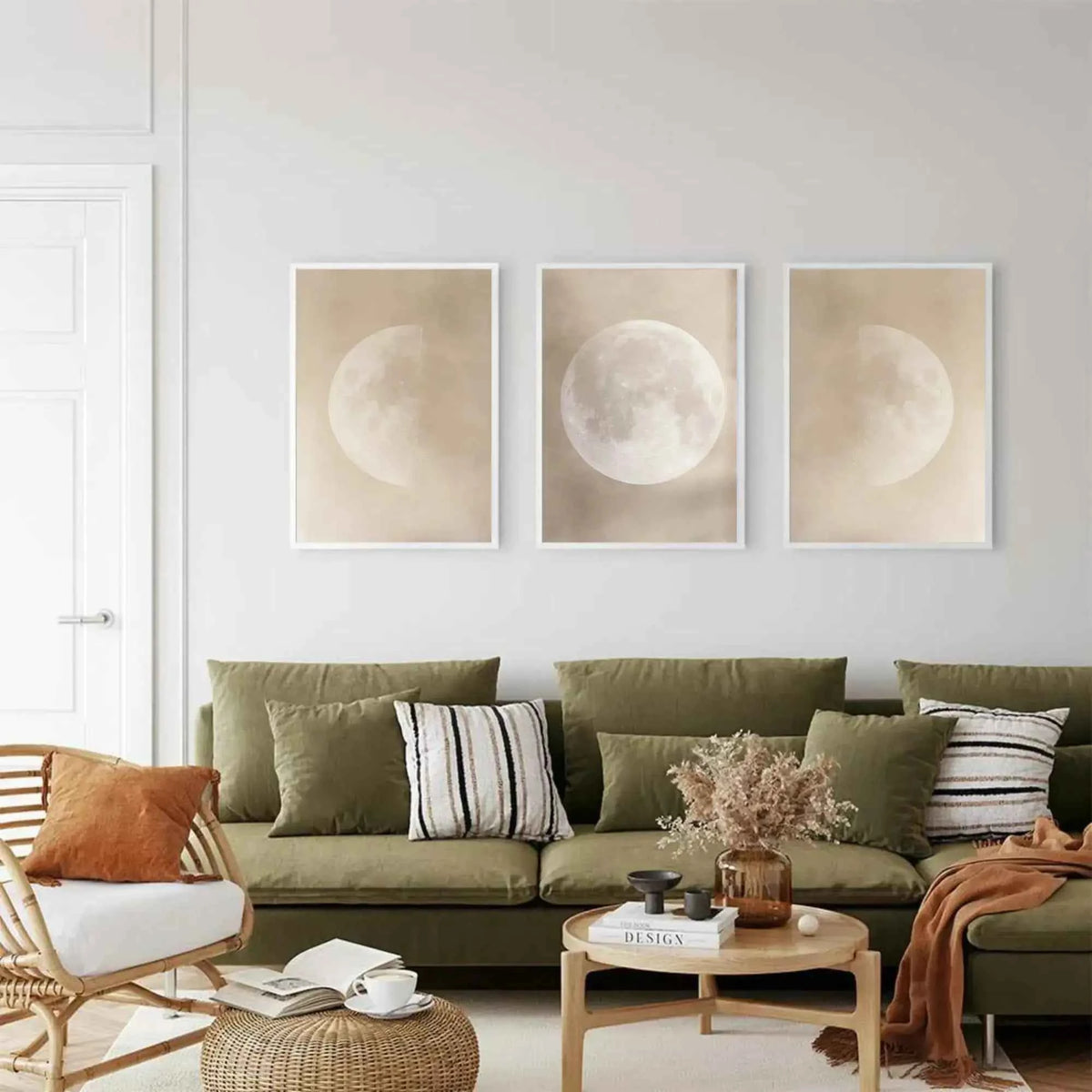 Moon phase set of 3 canvas prints styled in modern home – celestial unframed wall art by Mycanvart