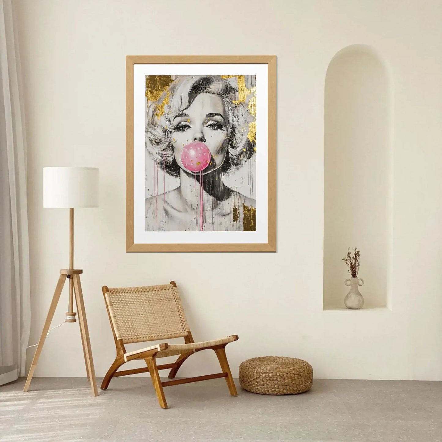 Framed artwork of a person blowing a pink bubble gum bubble in a room with a chair and lamp.