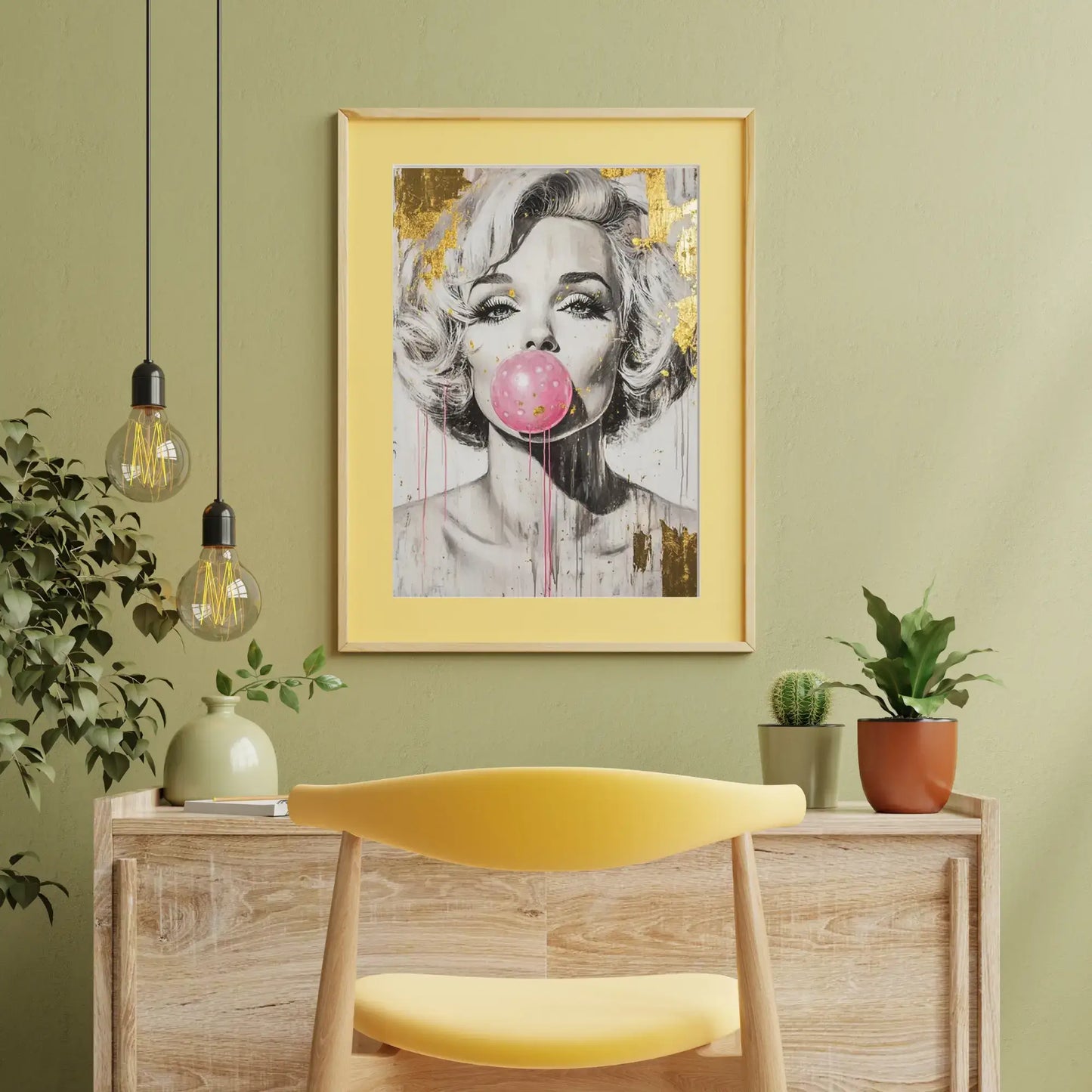 Framed artwork of a woman blowing a pink bubble gum bubble on a green wall with a yellow chair and wooden cabinet.