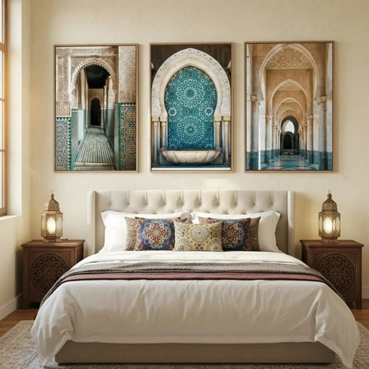 Set of 3 Moroccan wall art canvas prints featuring mosque archways and geometric patterns – unframed living room decor
