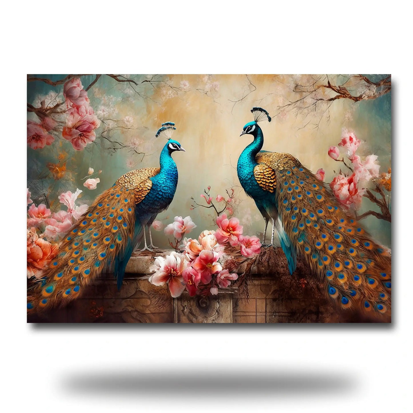 Two peacocks with vibrant feathers and pink flowers on a decorative background