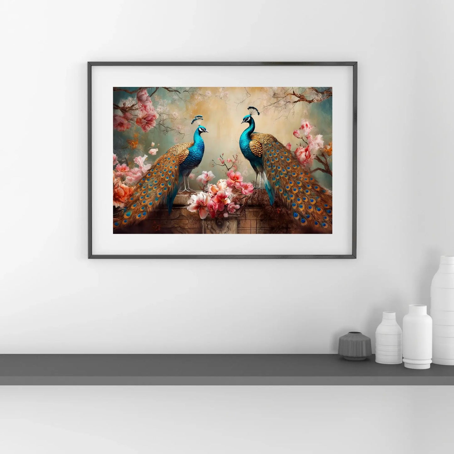 Framed artwork of two peacocks and flowers on a white wall.