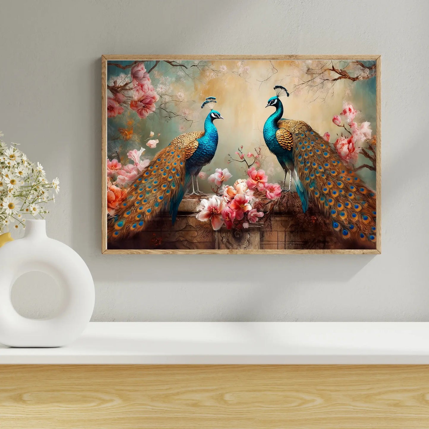 Framed artwork of two peacocks and cherry blossoms on a wall above a white shelf.