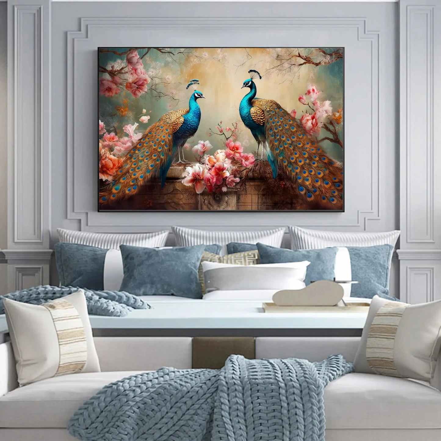 Framed artwork of two peacocks on a wall above a sofa with decorative pillows.
