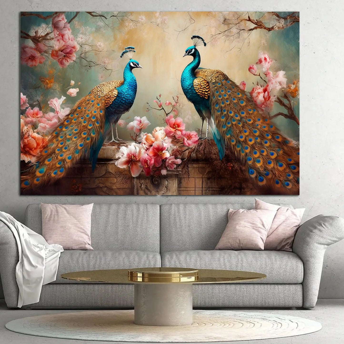 Two peacocks in a decorative setting with flowers on a wall above a gray sofa.