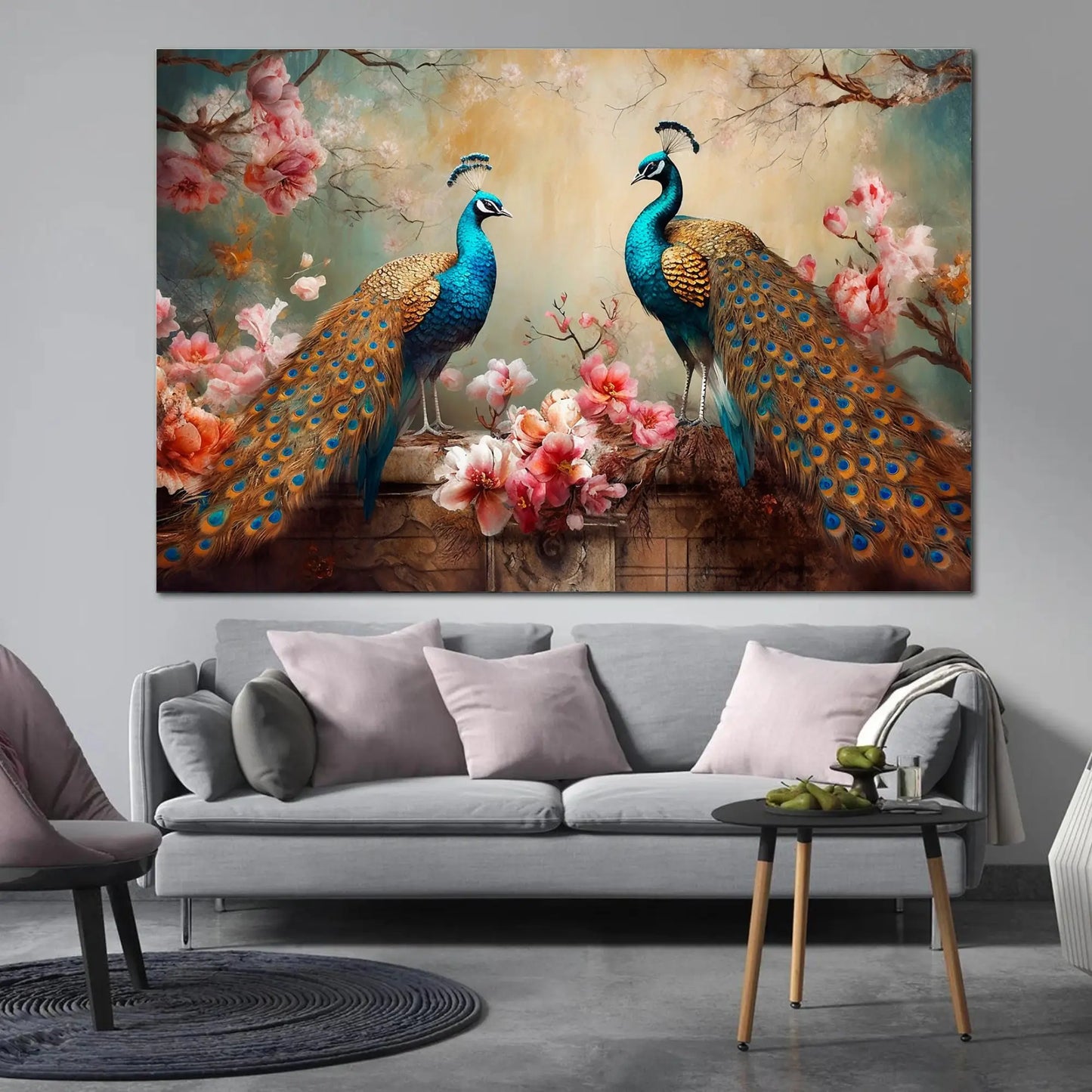 Living room with a large painting of two peacocks and flowers on the wall.