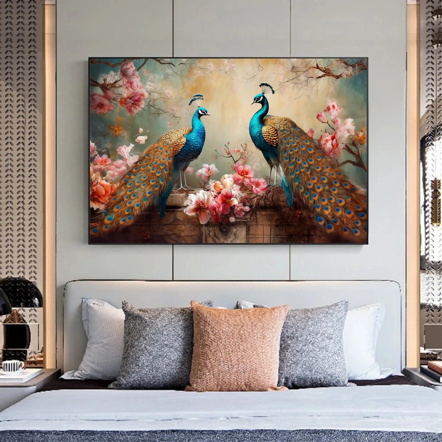 Decorative wall art of two peacocks with flowers on a bedroom wall.