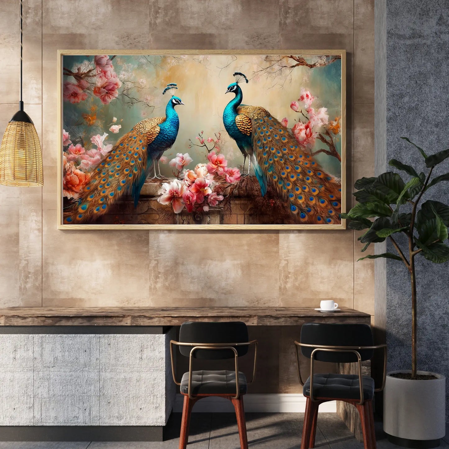 Peacock painting on a wall above a dining table with chairs.