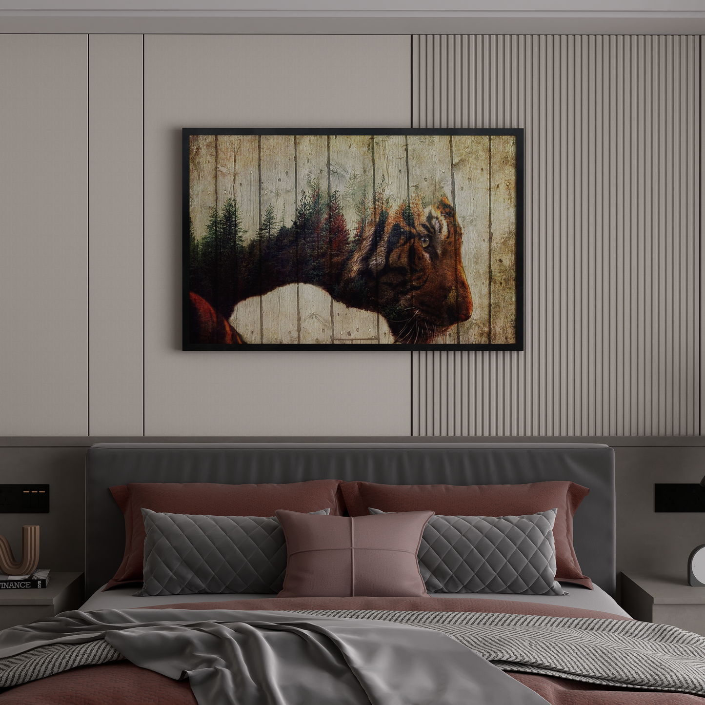 Double exposure tiger wall art canvas featuring an intense staring tiger merged with a forest landscape, animal canvas print, jungle wall decor.