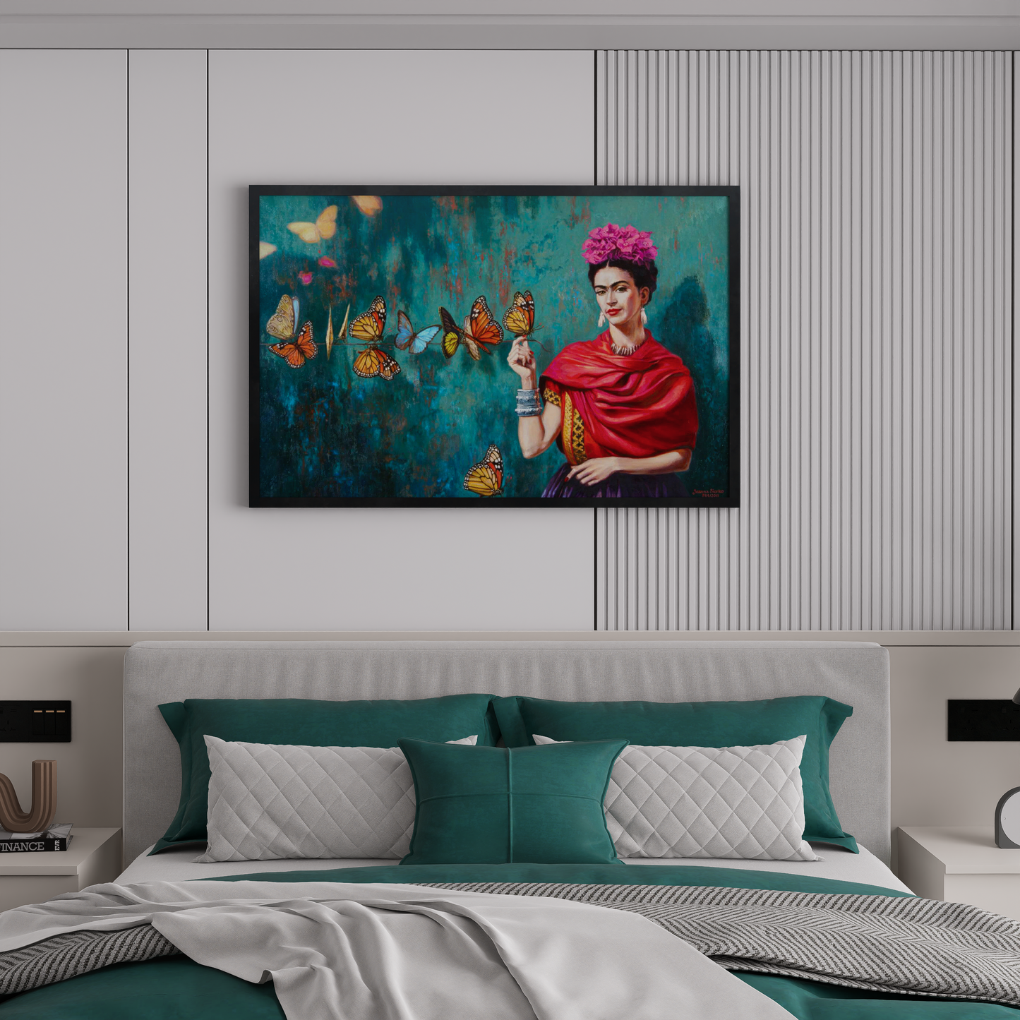 Frida Kahlo art prints: Close-up portrait, artwork 344/2018, showcasing her famous art style. This Frida Kahlo wall art piece is perfect for fans of Frida Kahlo paintings and art Frida. Shop Frida Kahlo poster art.
