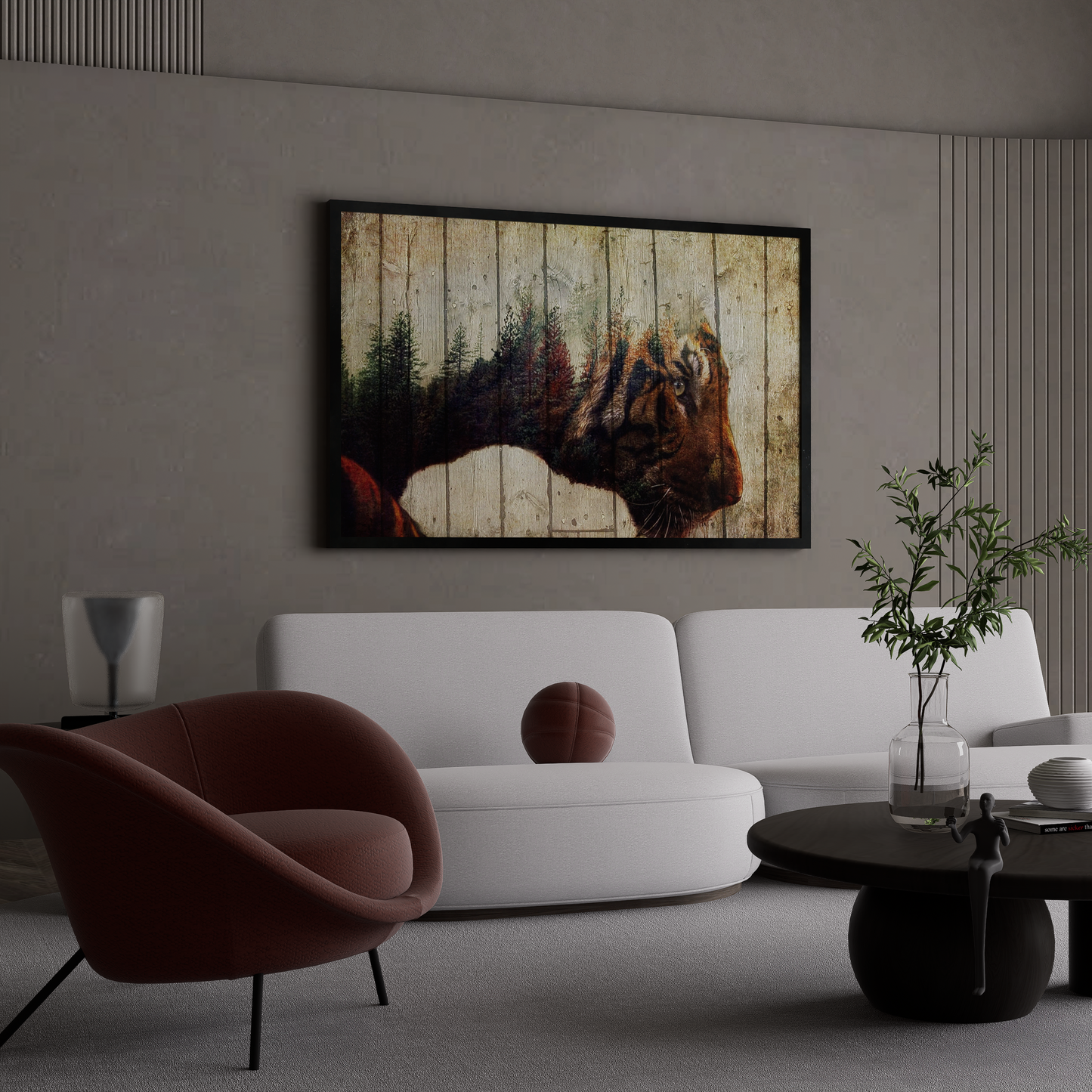 Double exposure tiger wall art canvas featuring an intense staring tiger merged with a forest landscape, animal canvas print, jungle wall decor.