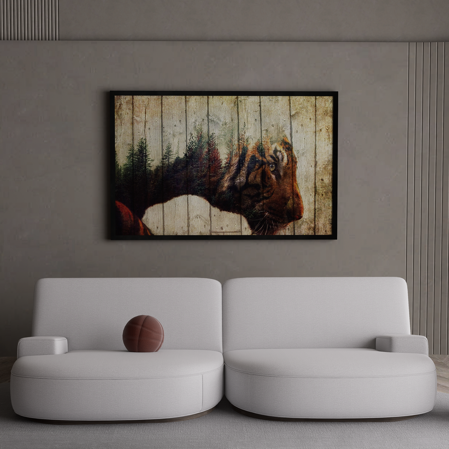 Double exposure tiger wall art canvas featuring an intense staring tiger merged with a forest landscape, animal canvas print, jungle wall decor.