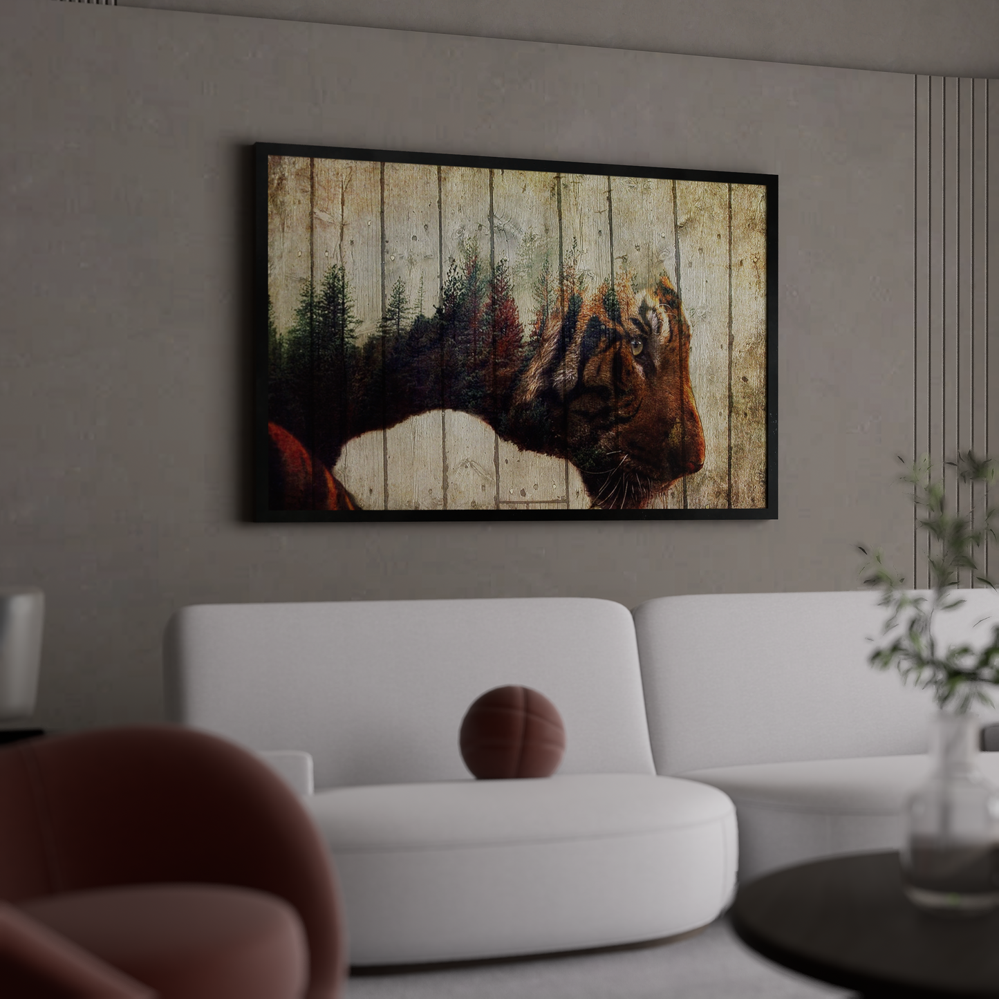 Double exposure tiger wall art canvas featuring an intense staring tiger merged with a forest landscape, animal canvas print, jungle wall decor.