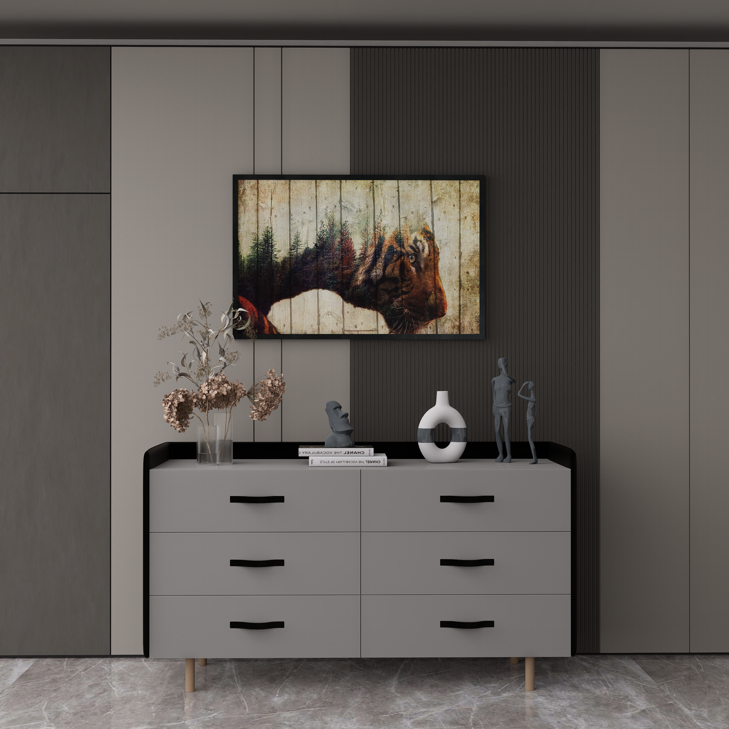 Double exposure tiger wall art canvas featuring an intense staring tiger merged with a forest landscape, animal canvas print, jungle wall decor.