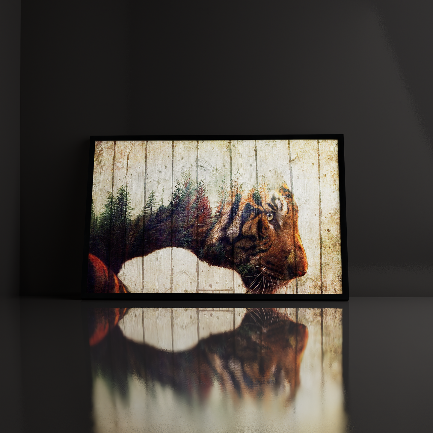 Double exposure tiger wall art canvas featuring an intense staring tiger merged with a forest landscape, animal canvas print, jungle wall decor.