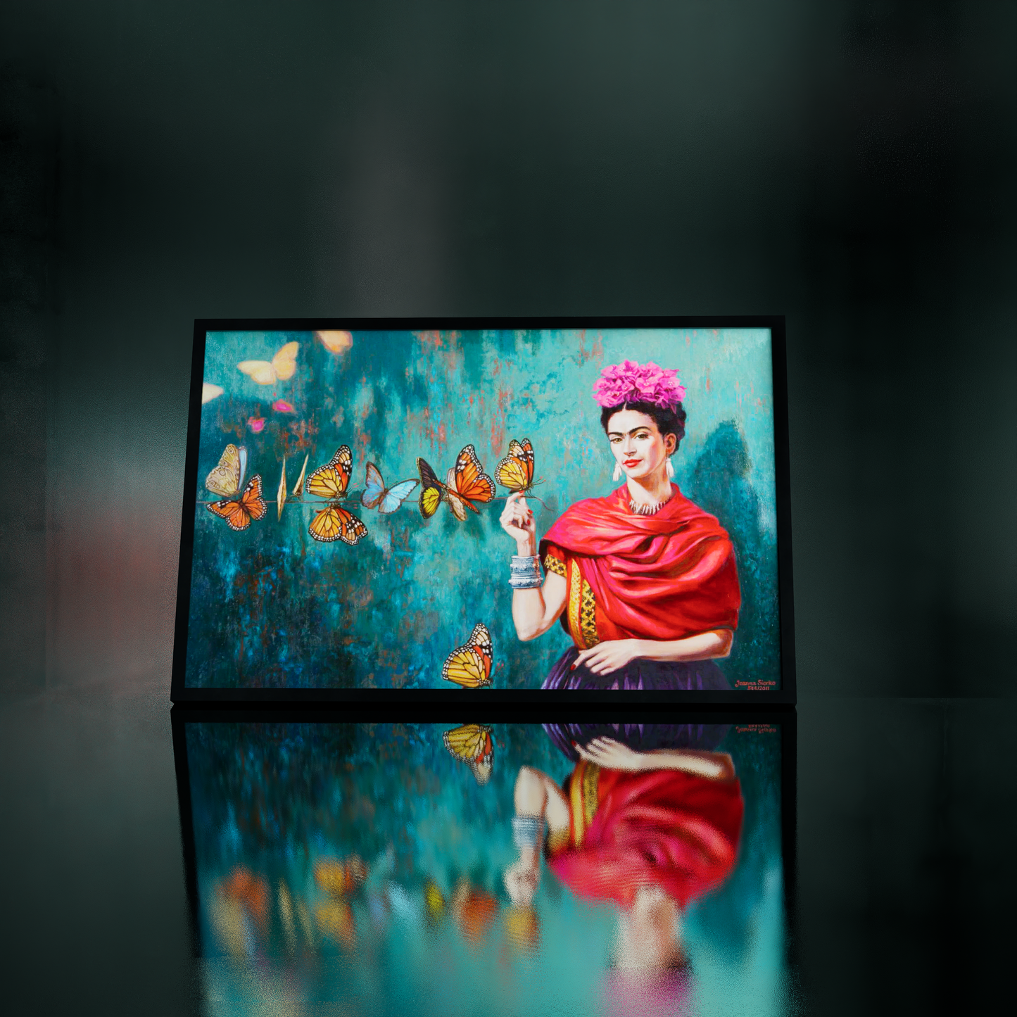 Frida Kahlo art prints: Close-up portrait, artwork 344/2018, showcasing her famous art style. This Frida Kahlo wall art piece is perfect for fans of Frida Kahlo paintings and art Frida. Shop Frida Kahlo poster art.