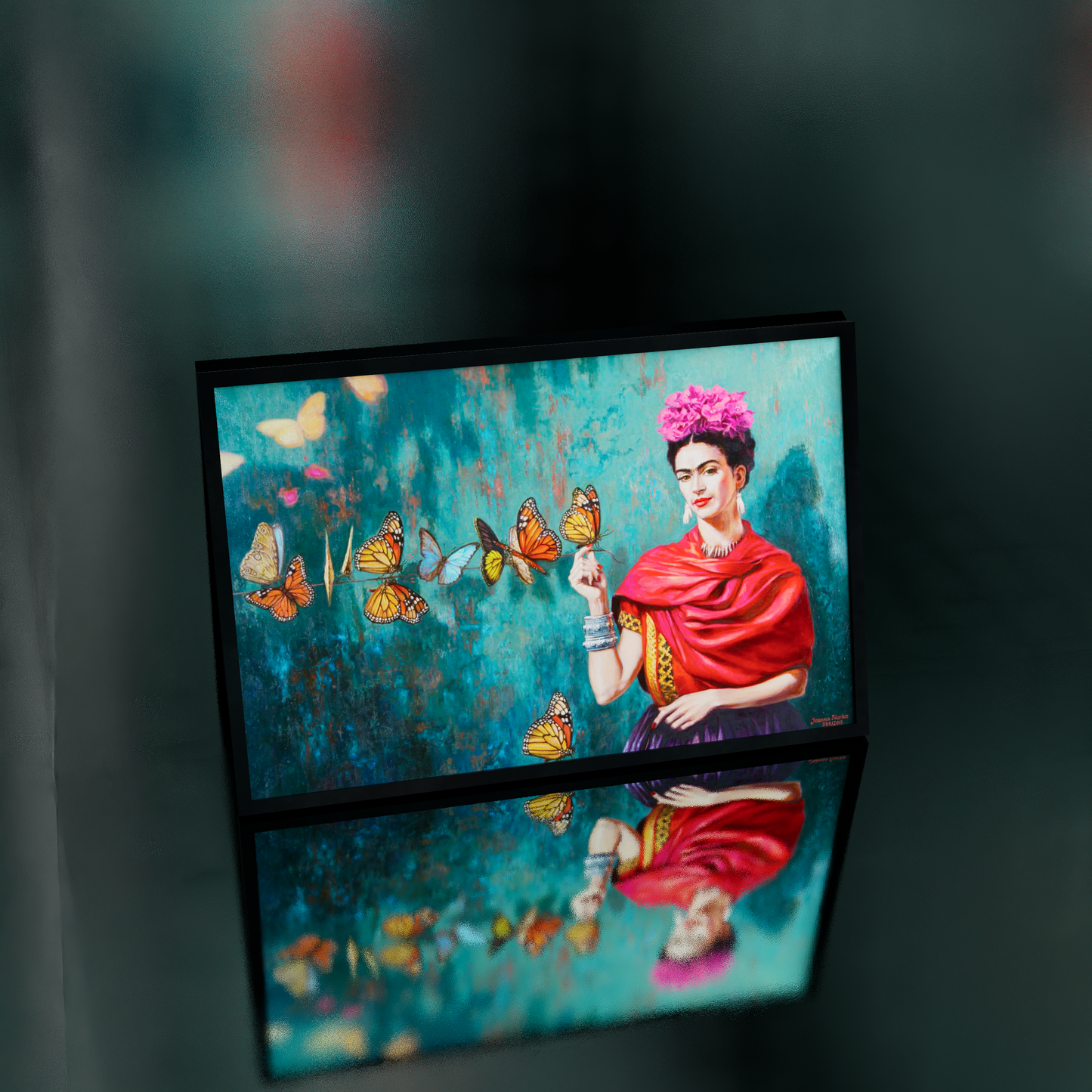 Frida Kahlo art prints: Close-up portrait, artwork 344/2018, showcasing her famous art style. This Frida Kahlo wall art piece is perfect for fans of Frida Kahlo paintings and art Frida. Shop Frida Kahlo poster art.