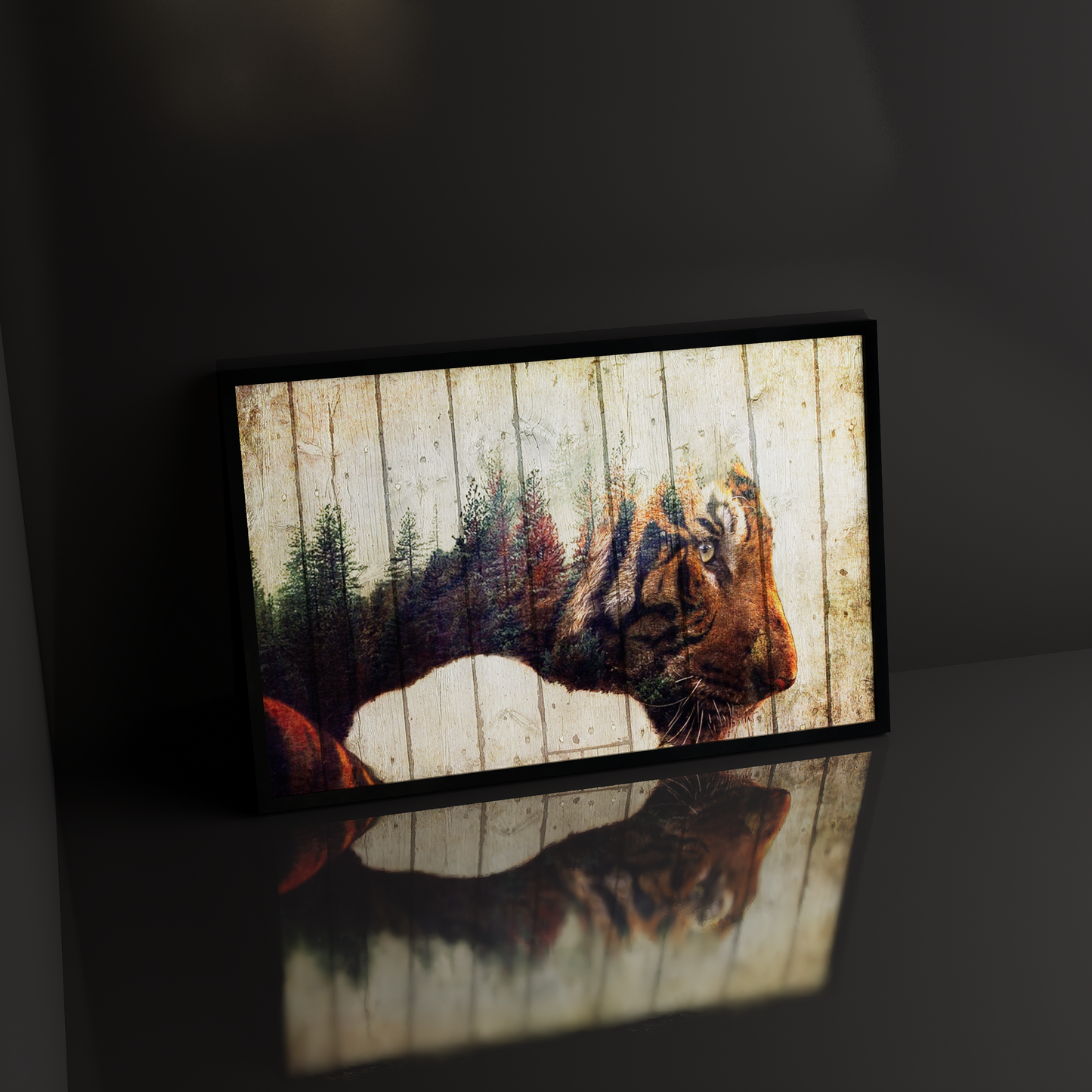 Double exposure tiger wall art canvas featuring an intense staring tiger merged with a forest landscape, animal canvas print, jungle wall decor.
