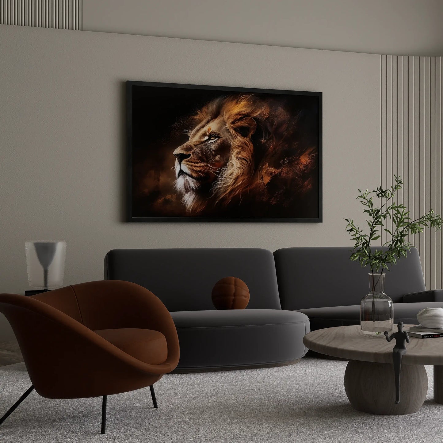 Modern living room with a large framed painting of a lion on the wall.