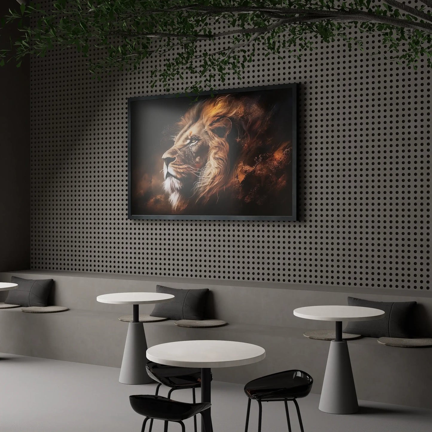 Modern interior with a lion painting on the wall