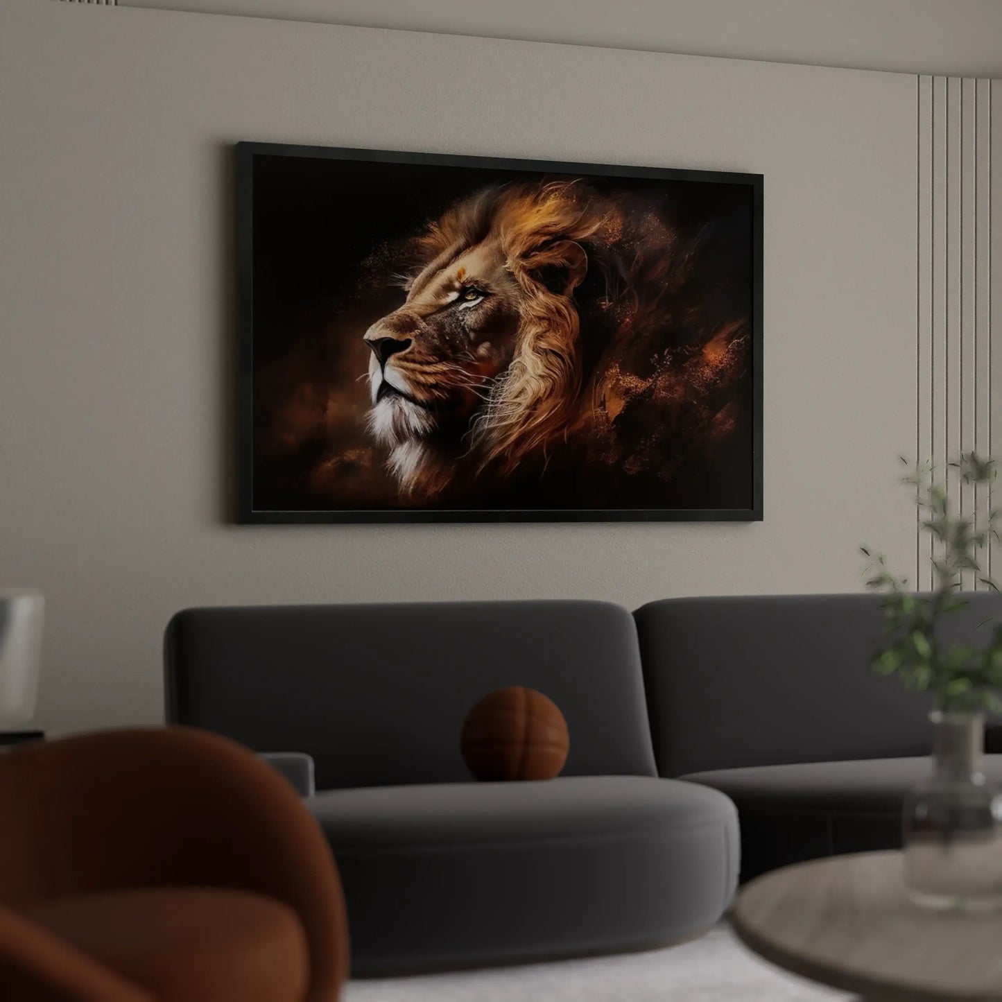 Framed artwork of a lion's head on a wall in a living room.